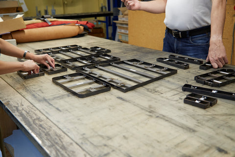 Steel hand-molded frames for the bags at dbteo